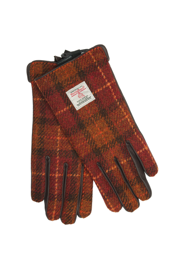 Harris Tweed Ladies Gloves - Rust with Orange Overcheck (GA)