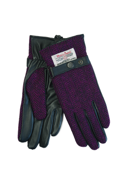 Harris Tweed Ladies Gloves Purple/Black Herringbone (GA)