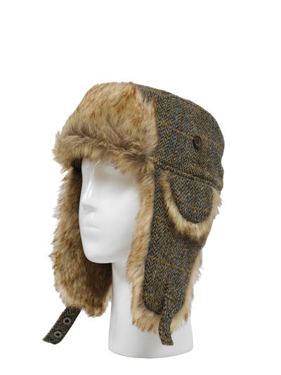 Harris Tweed Trapper Hat Brown/Green Herringbone w/Overcheck