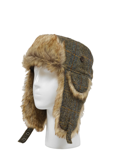 Harris Tweed Trapper Hat - Brown/Green Herringbone With Overcheck