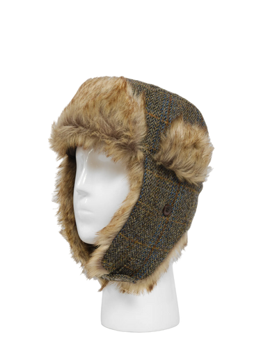 Harris Tweed Trapper Hat - Brown/Green Herringbone With Overcheck
