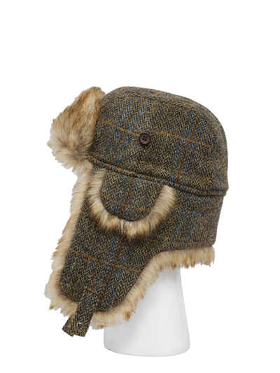 Harris Tweed Trapper Hat Brown/Green Herringbone w/Overcheck