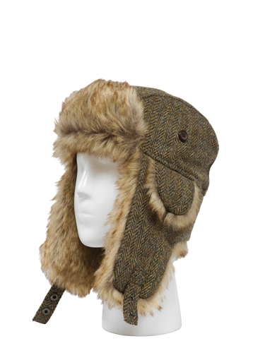 Harris Tweed Trapper Hat - Brown Herringbone With Overcheck