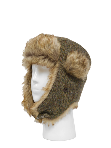 Harris Tweed Trapper Hat - Brown Herringbone With Overcheck