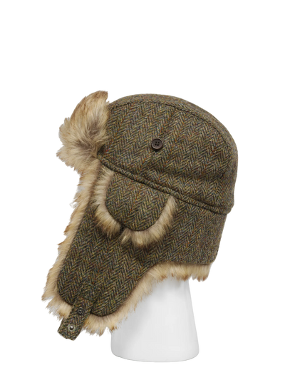Harris Tweed Trapper Hat Brown Herringbone w/Overcheck