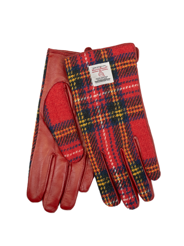Harris Tweed Ladies Gloves - A0217 (Red Leather) (ISL)