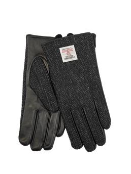 Harris Tweed Ladies Gloves - Dark Black Herringbone (Black Leather) (ISL)