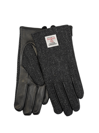 Harris Tweed Ladies Gloves - Dark Black Herringbone (Black Leather) (ISL)