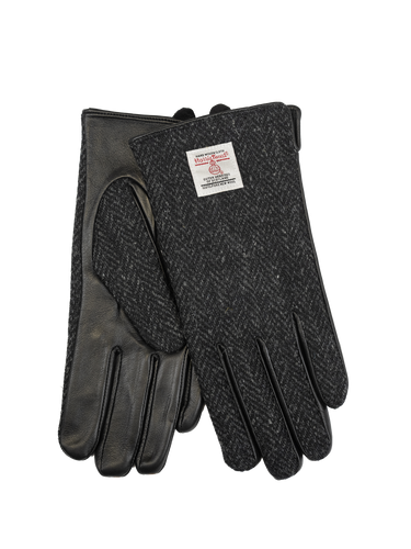 Harris Tweed Ladies Gloves - Dark Black Herringbone (Black Leather) (ISL)