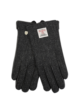 Harris Tweed Ladies Gloves - Dark Black Herringbone (Black Leather) (ISL)