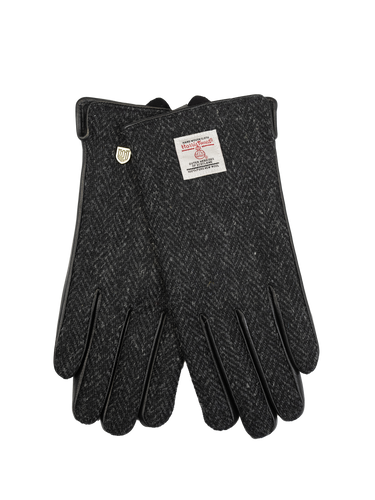 Harris Tweed Ladies Gloves - Dark Black Herringbone (Black Leather) (ISL)
