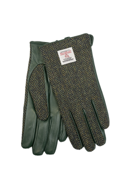 Harris Tweed Ladies Gloves - Dark Green Herringbone (Green Leather) (ISL)