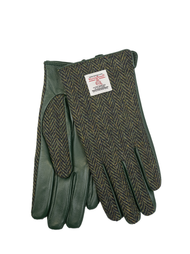 Harris Tweed Ladies Gloves - Dark Green Herringbone (Green Leather) (ISL)