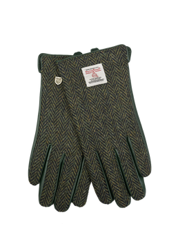 Harris Tweed Ladies Gloves - Dark Green Herringbone (Green Leather) (ISL)