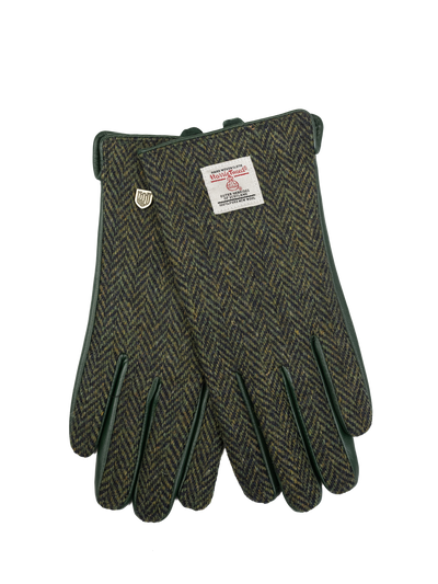 Harris Tweed Ladies Gloves - Dark Green Herringbone (Green Leather) (ISL)