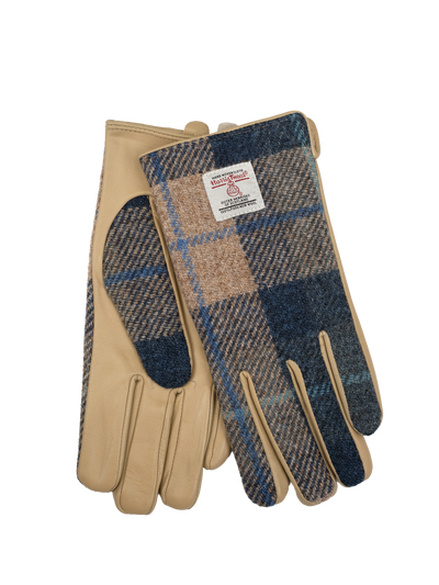 Harris Tweed Ladies Gloves - Navy Beige Check (Beige Leather) (ISL)
