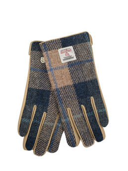 Harris Tweed Ladies Gloves - Navy Beige Check (Beige Leather) (ISL)