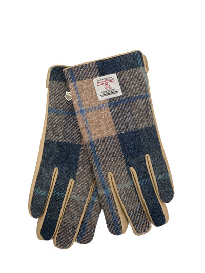 Harris Tweed Ladies Gloves - Navy Beige Check (Beige Leather) (ISL)