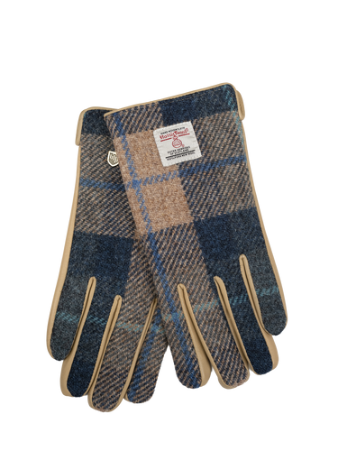 Harris Tweed Ladies Gloves - Navy Beige Check (Beige Leather) (ISL)