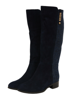 Harris Tweed Knee High Boots Navy Herringbone