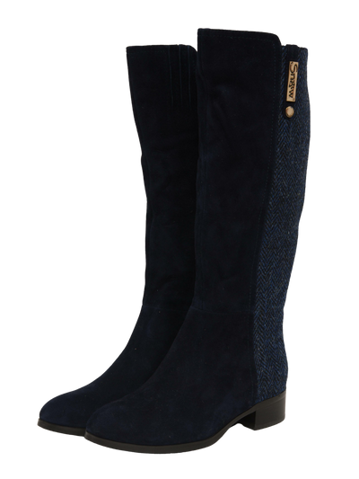 Harris Tweed Knee High Boots Navy Herringbone