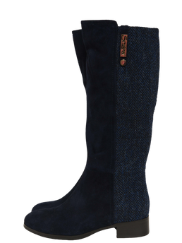 Harris Tweed Knee High Boots Navy Herringbone