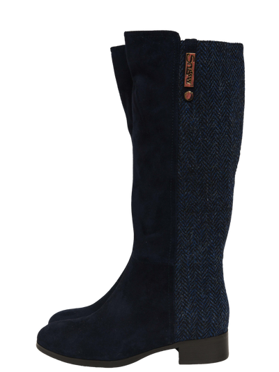 Harris Tweed Knee High Boots Navy Herringbone