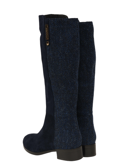 Harris Tweed Knee High Boots Navy Herringbone