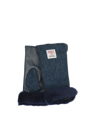 Harris Tweed Ladies Fur Mittens Navy Herringbone (ISL)