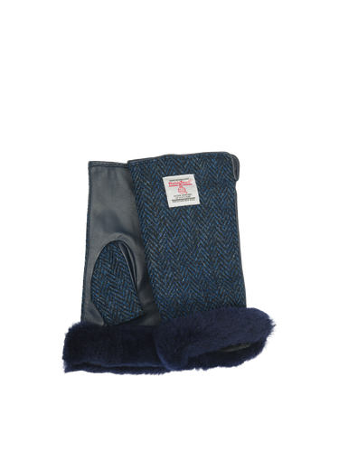 Harris Tweed Ladies Fur Mittens - Navy Herringbone (ISL)