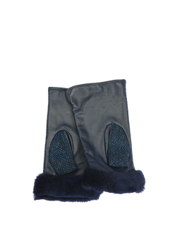 Harris Tweed Ladies Fur Mittens Navy Herringbone (ISL)