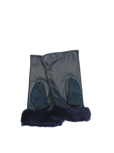 Harris Tweed Ladies Fur Mittens Navy Herringbone (ISL)