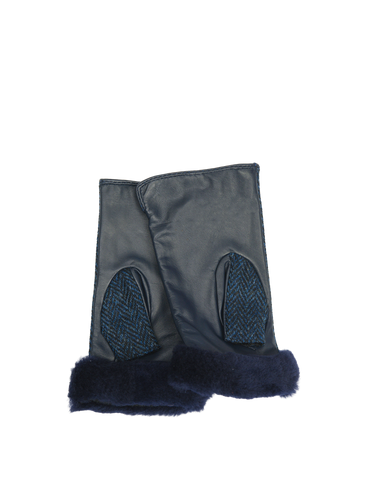 Harris Tweed Ladies Fur Mittens - Navy Herringbone (ISL)