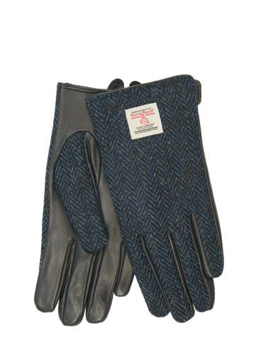 Harris Tweed Ladies Gloves - Navy Herringbone (Black Leather) (ISL)