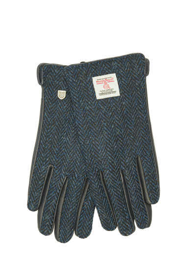 Harris Tweed Ladies Gloves Navy Herringbone (Black Leather) (ISL)