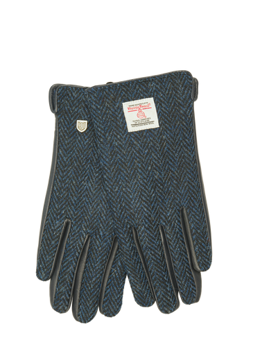 Harris Tweed Ladies Gloves - Navy Herringbone (Black Leather) (ISL)