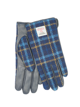 Harris Tweed Ladies Gloves Navy Tartan (Dark Navy Leather) (ISL)