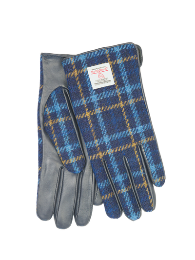 Harris Tweed Ladies Gloves Navy Tartan (Dark Navy Leather) (ISL)