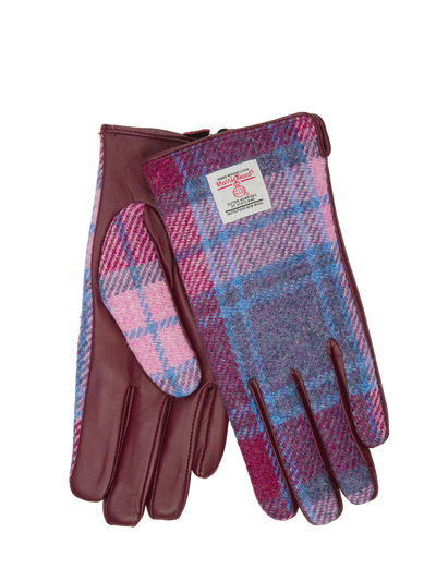 Harris Tweed Ladies Gloves Pink Blue Check (Burgundy Leather) (ISL)