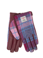 Harris Tweed Ladies Gloves Pink Blue Check (Burgundy Leather) (ISL)