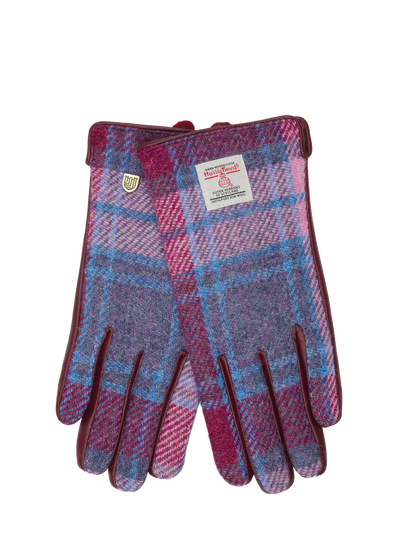 Harris Tweed Ladies Gloves Pink Blue Check (Burgundy Leather) (ISL)