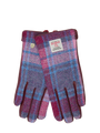 Harris Tweed Ladies Gloves Pink Blue Check (Burgundy Leather) (ISL)