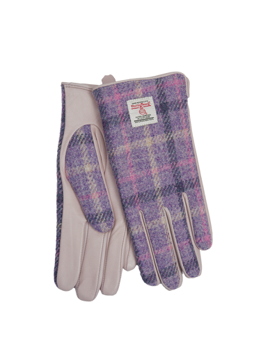 Harris Tweed Ladies Gloves - Purple Tartan (Pale Pink Leather) (ISL)