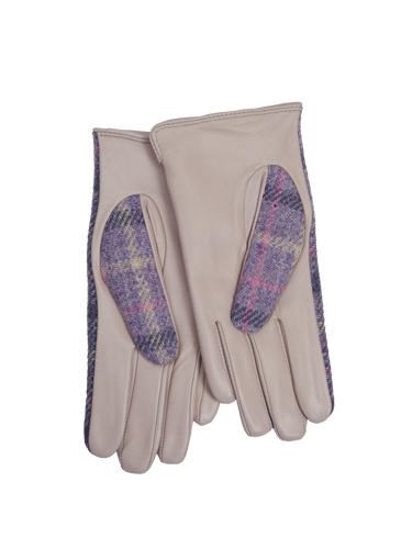 Harris Tweed Ladies Gloves - Purple Tartan (Pale Pink Leather) (ISL)