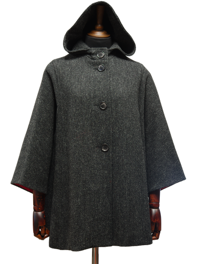 Harris Tweed Ladies Hooded Cape - Dark Charcoal Herringbone