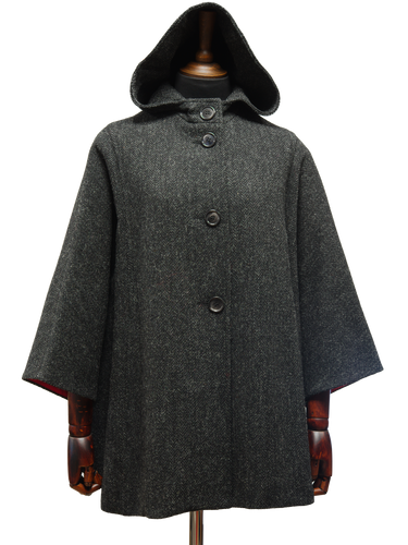 Harris Tweed Ladies Hooded Cape - Dark Charcoal Herringbone