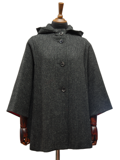 Harris Tweed Ladies Hooded Cape - Dark Charcoal Herringbone