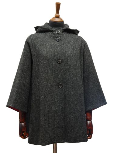 Harris Tweed Ladies Hooded Cape - Dark Charcoal Herringbone