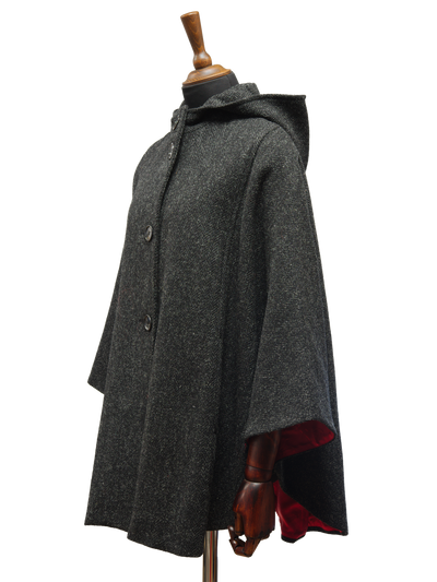 Harris Tweed Ladies Hooded Cape - Dark Charcoal Herringbone