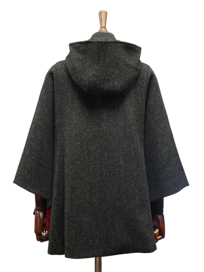 Harris Tweed Ladies Hooded Cape - Dark Charcoal Herringbone